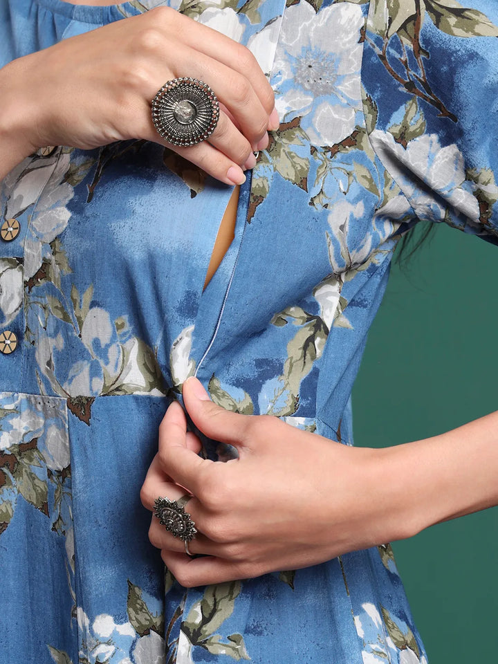 Blue Floral Print A-Line Maternity Kurta Trouser Dupatta Set