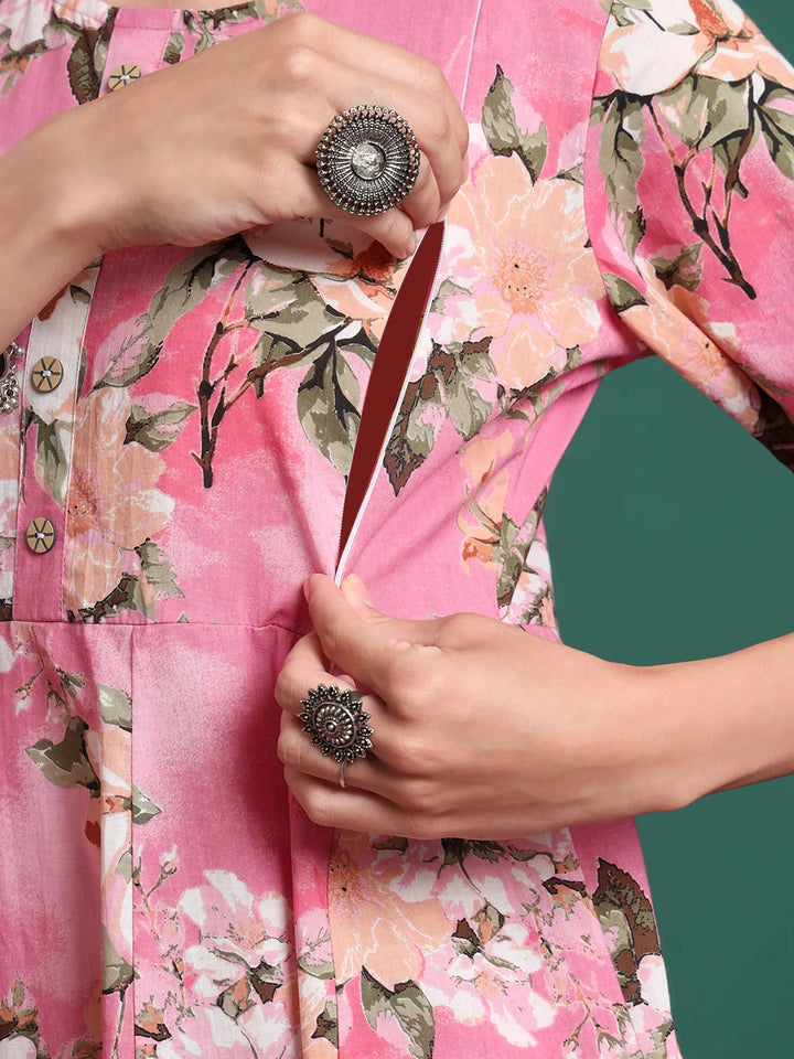 Pink Floral Print A-Line Maternity Kurta Trouser Dupatta Set