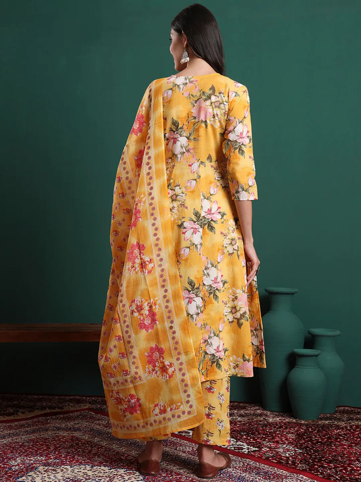 Yellow Floral Print A-Line Maternity Kurta Trouser Dupatta Set