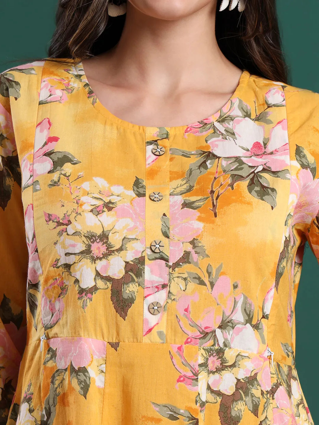 Yellow Floral Print A-Line Maternity Kurta Trouser Dupatta Set