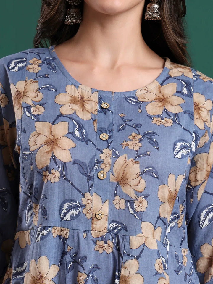 Blue Floral Print Maternity A-Line Kurta Trouser Dupatta Set