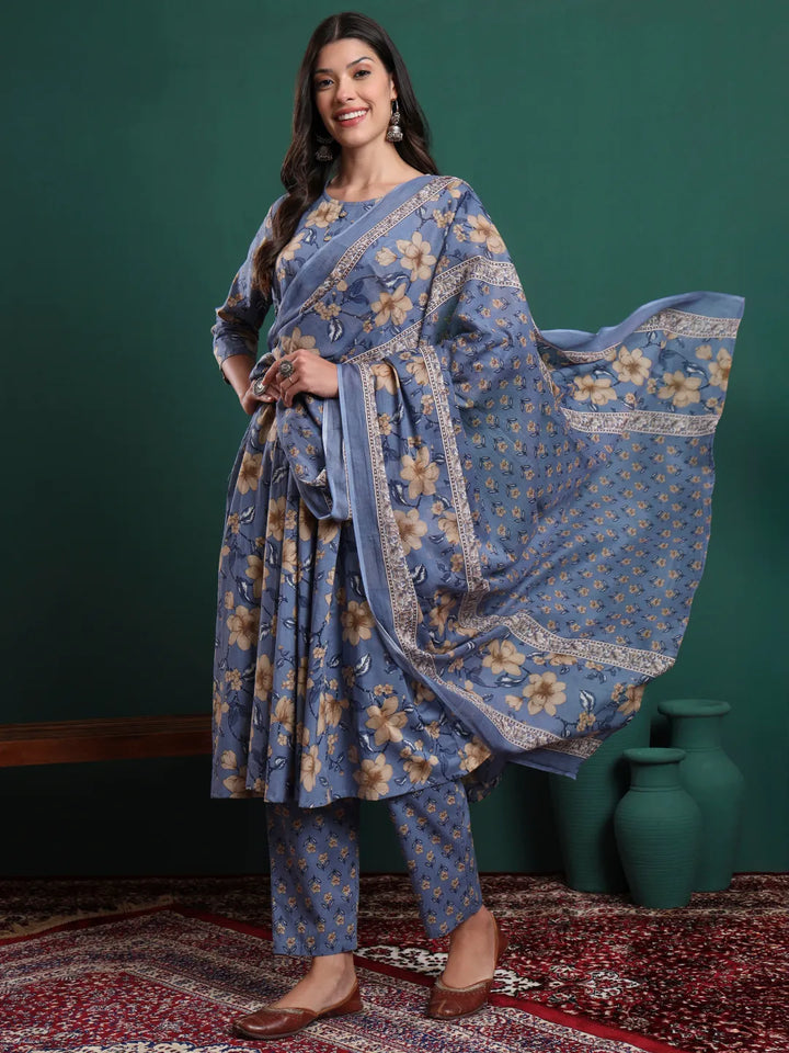 Blue Floral Print Maternity A-Line Kurta Trouser Dupatta Set