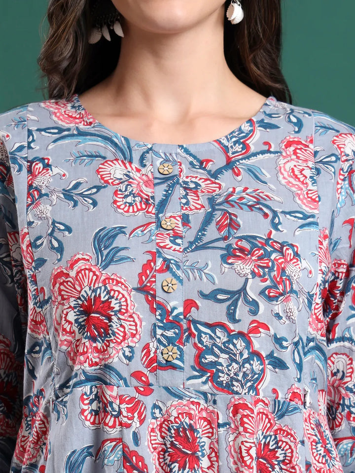 Grey Floral Print Maternity A-Line Kurta Trouser Dupatta Set