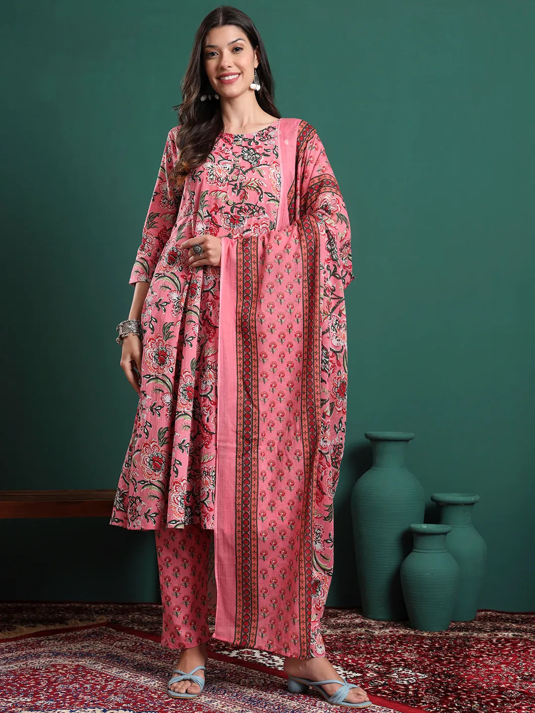 Pink Floral Print Maternity A-Line Kurta Trouser Dupatta Set