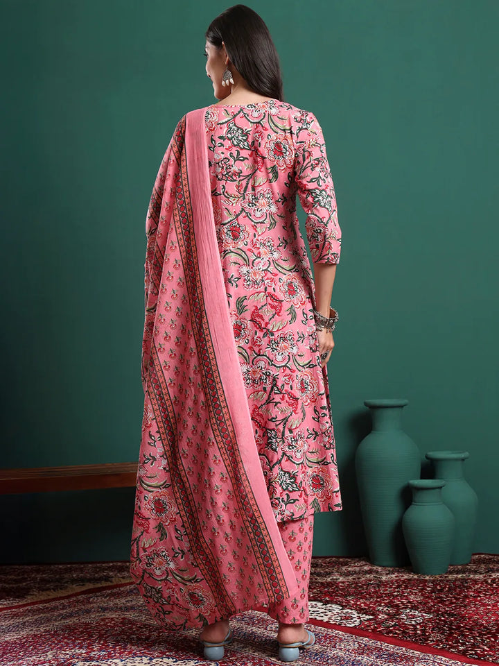 Pink Floral Print Maternity A-Line Kurta Trouser Dupatta Set