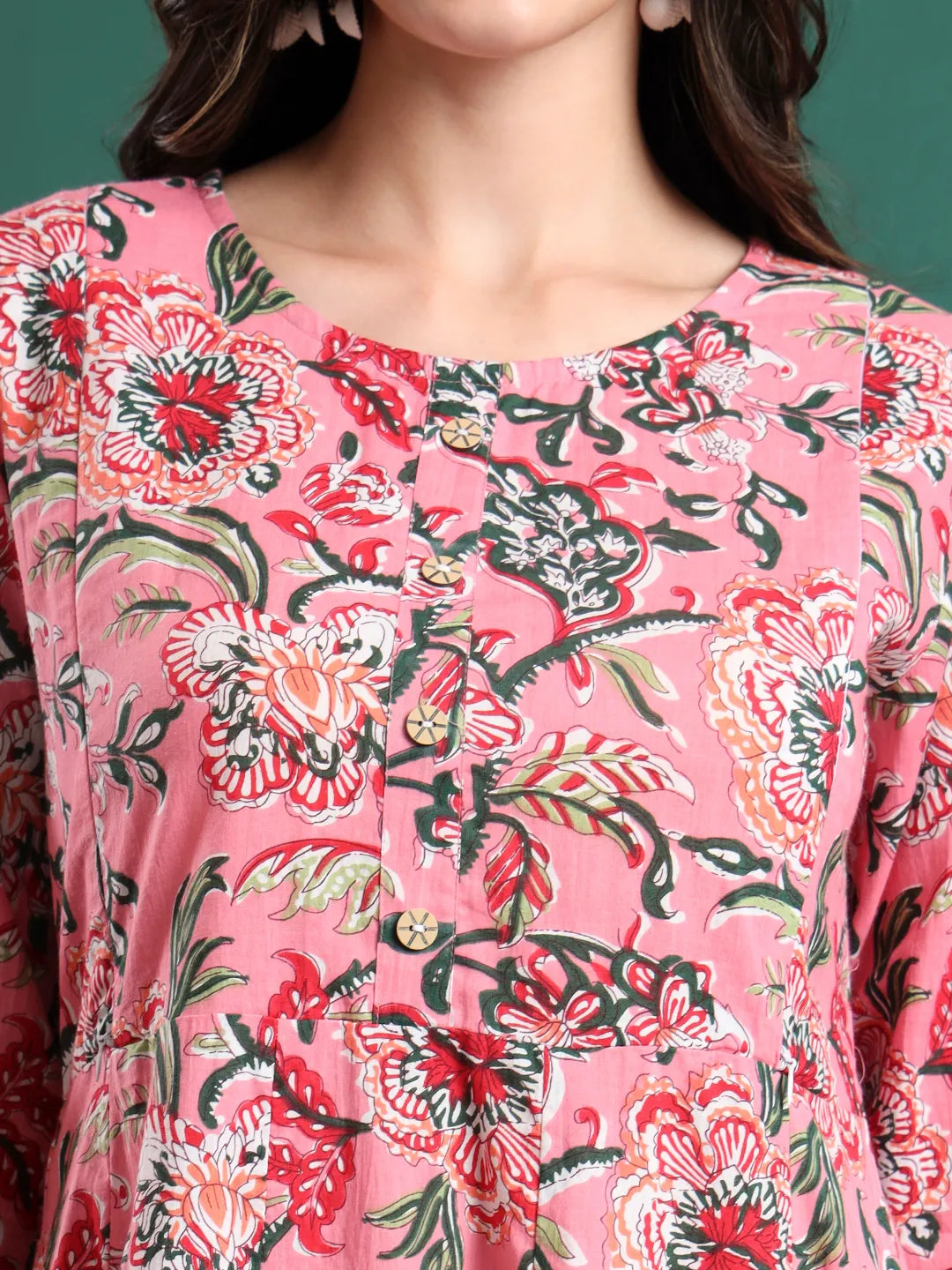 Pink Floral Print Maternity A-Line Kurta Trouser Dupatta Set