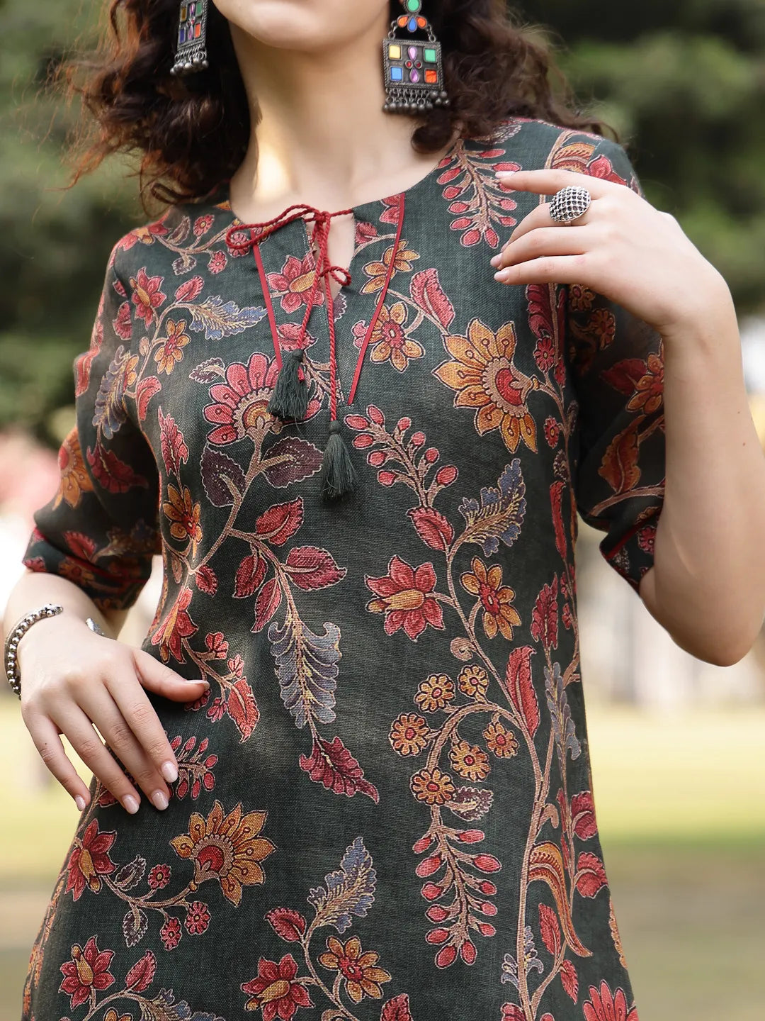 Green Linen Flare Kurta Trouser Dupatta Set