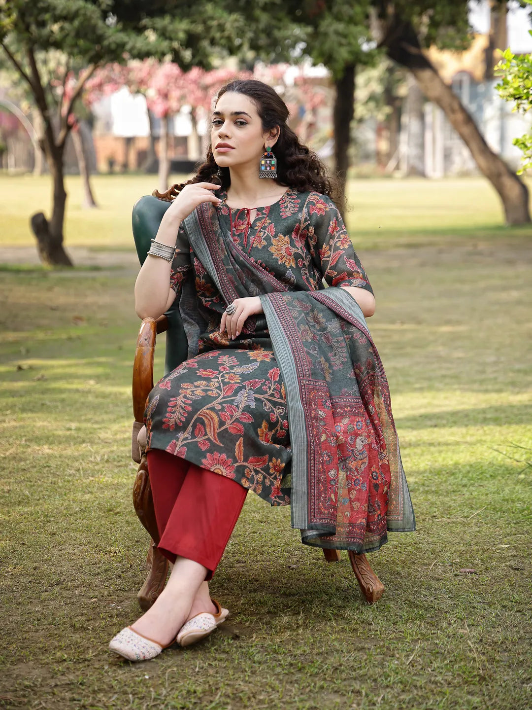 Green Linen Flare Kurta Trouser Dupatta Set