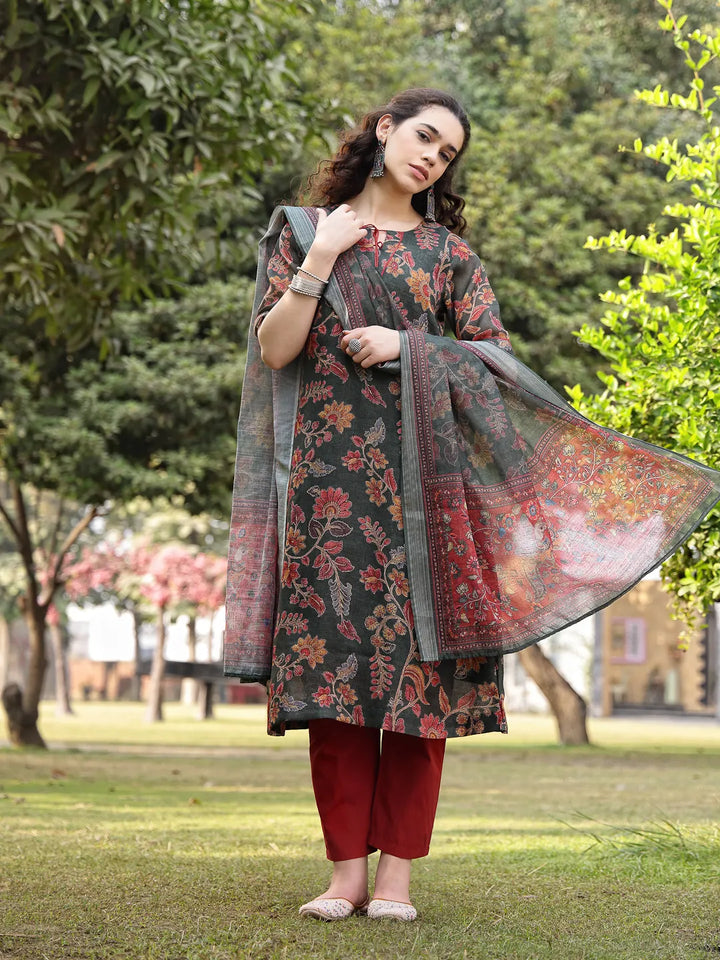 Green Linen Flare Kurta Trouser Dupatta Set