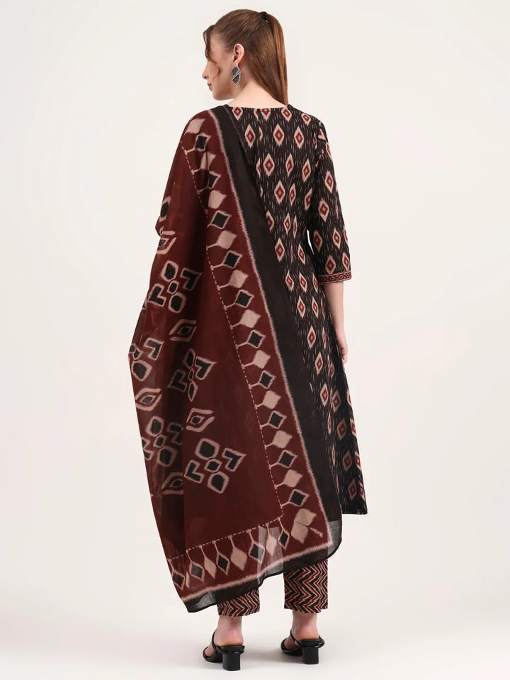 Black Pure Cotton Ethnic Print A-Line Kurta Trouser Dupatta Set
