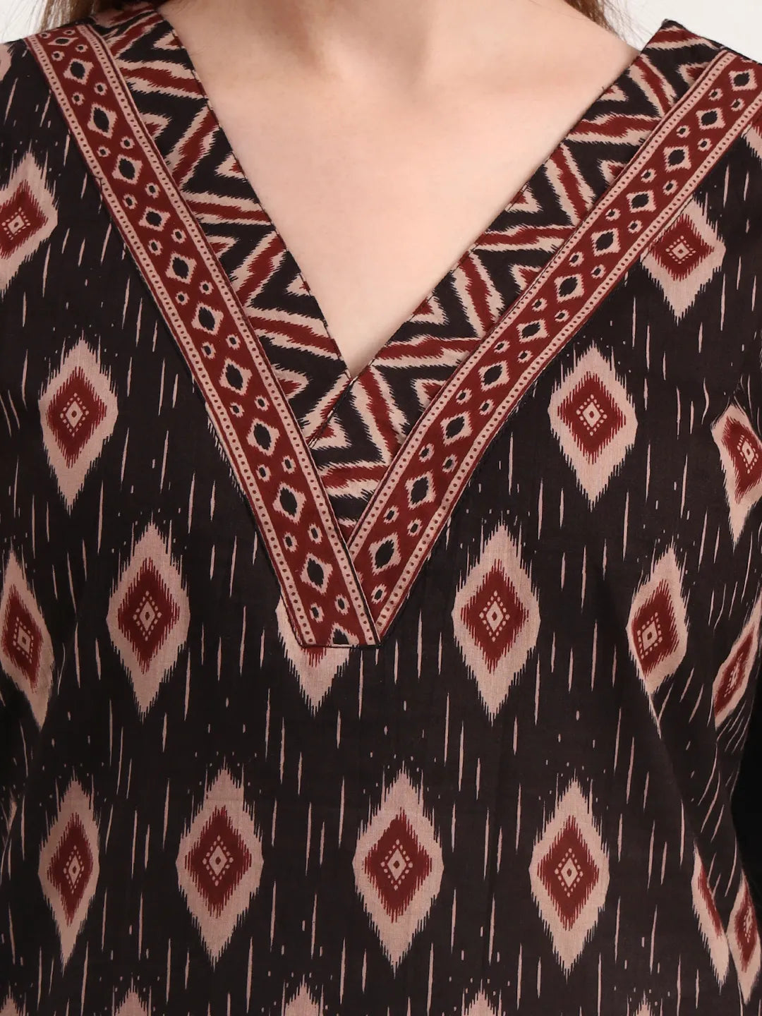 Black Pure Cotton Ethnic Print A-Line Kurta Trouser Dupatta Set