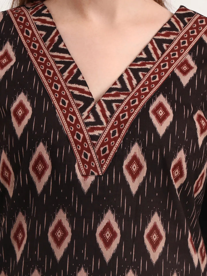 Black Pure Cotton Ethnic Print A-Line Kurta Trouser Dupatta Set
