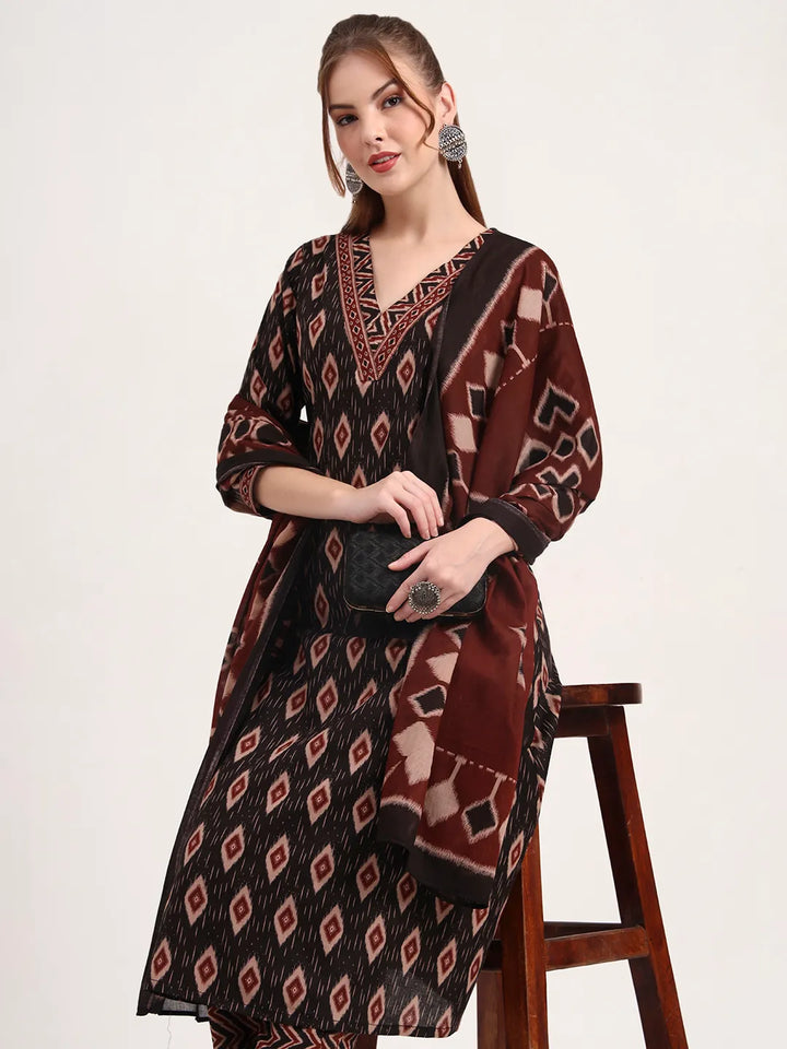 Black Pure Cotton Ethnic Print A-Line Kurta Trouser Dupatta Set