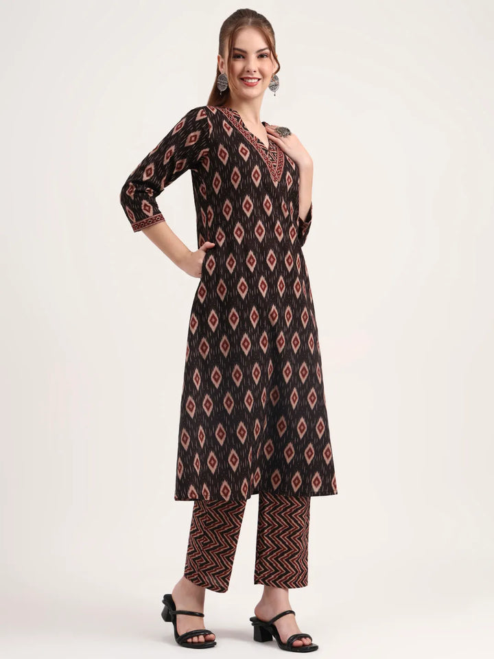 Black Pure Cotton Ethnic Print A-Line Kurta Trouser Dupatta Set