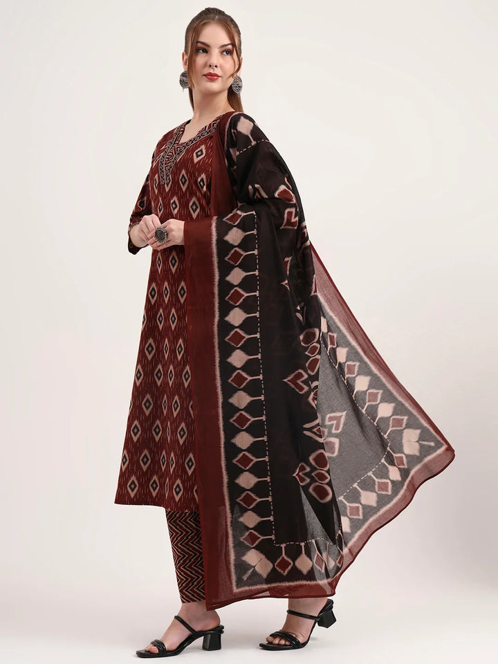 Maroon Pure Cotton Ethnic Print A-Line Kurta Trouser Dupatta Set