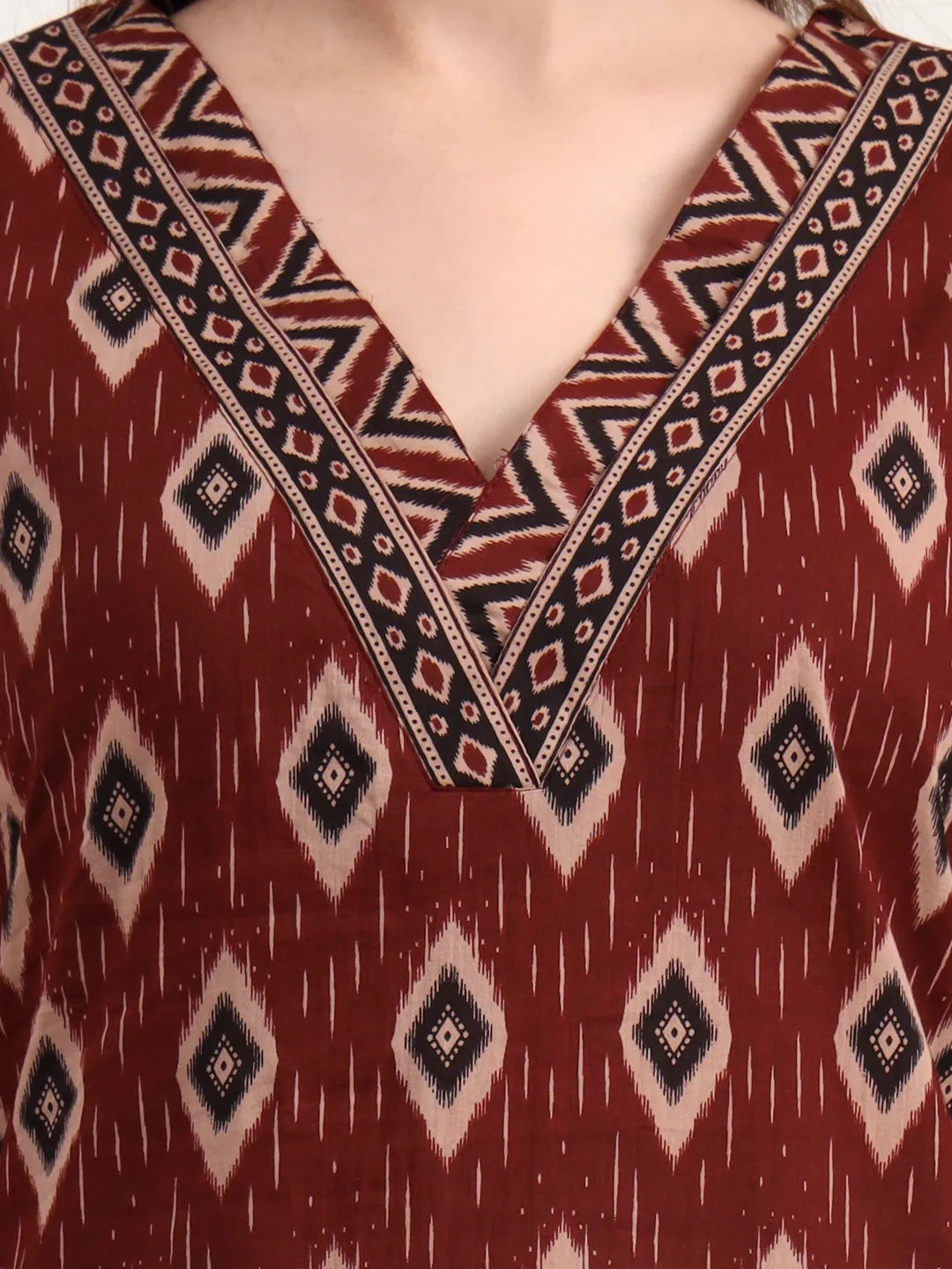 Maroon Pure Cotton Ethnic Print A-Line Kurta Trouser Dupatta Set