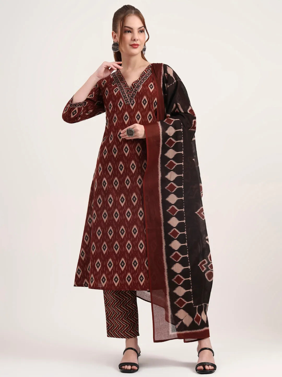 Maroon Pure Cotton Ethnic Print A-Line Kurta Trouser Dupatta Set