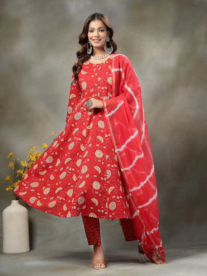 Red Cotton Maternity Kurta Set With Tie Dye Doriya Dupatta Set
