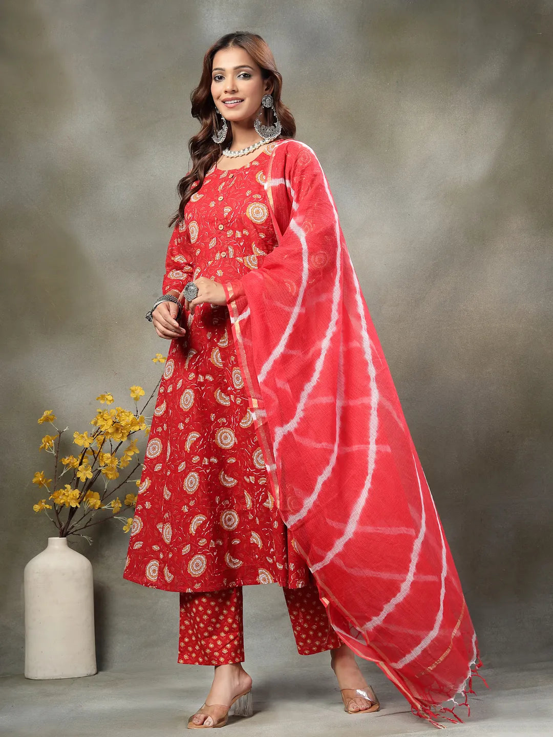 Red Cotton Maternity Kurta Set With Tie Dye Doriya Dupatta Set