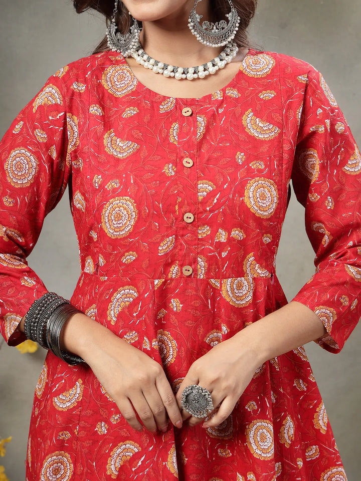 Red Cotton Maternity Kurta Set With Tie Dye Doriya Dupatta Set