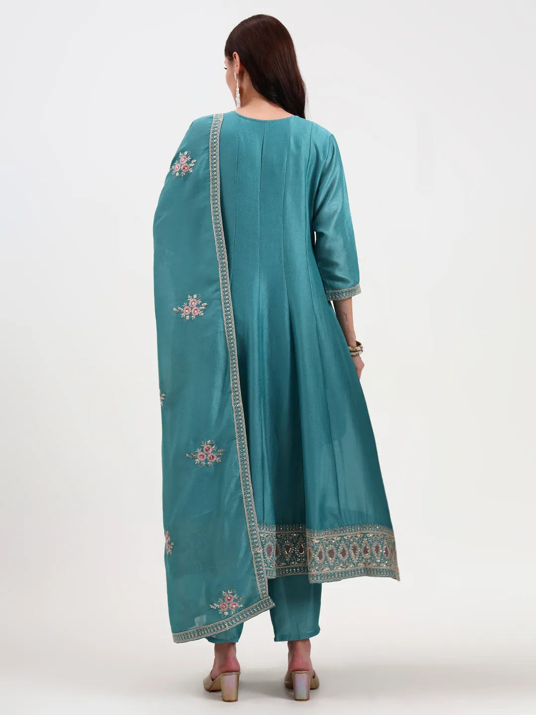 Turquoise Blue Vichitra Kalidaar Kurta Set With Pant And Dupatta