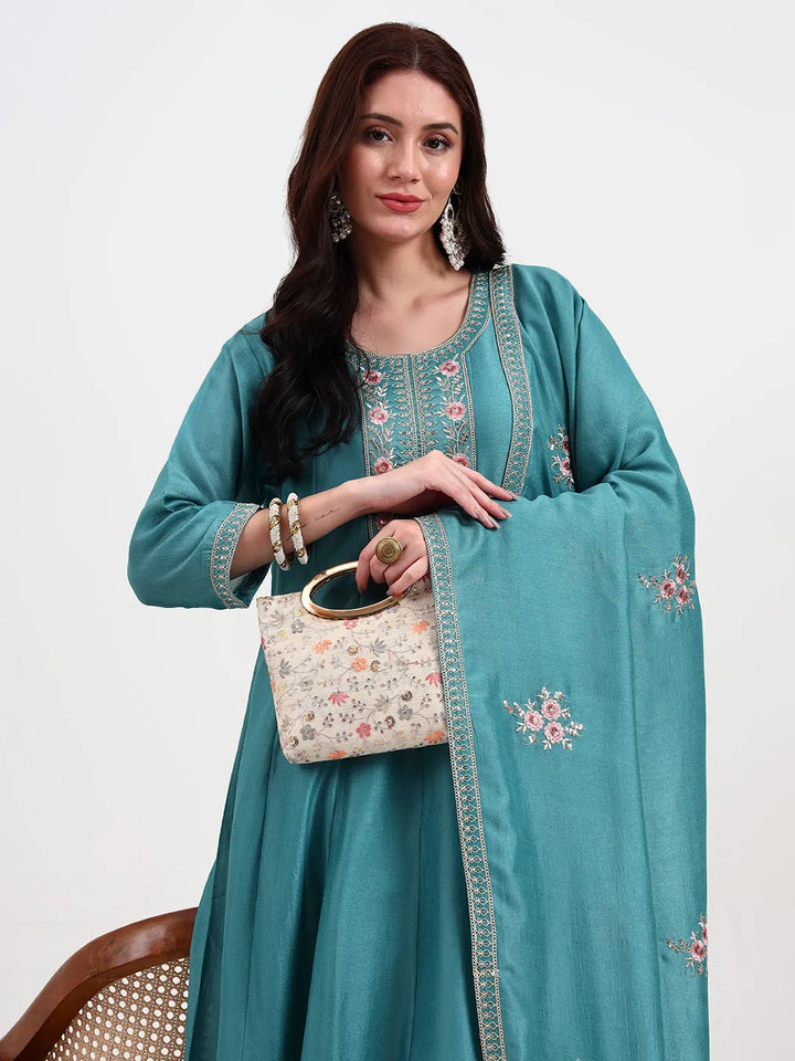 Turquoise Blue Vichitra Kalidaar Kurta Set With Pant And Dupatta