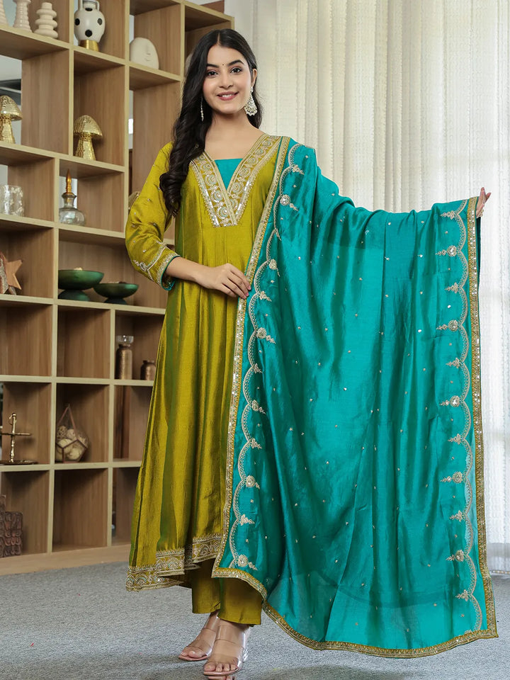 Lime Green Vichitra Kalidaar Kurta Trouser Dupatta Set