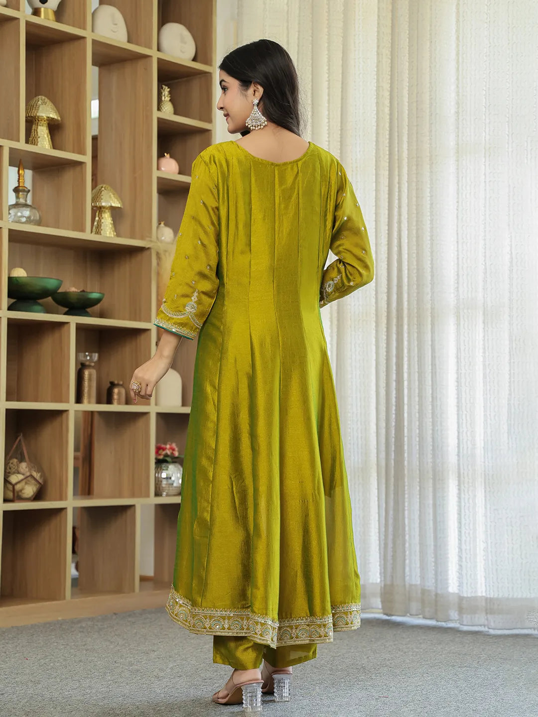 Lime Green Vichitra Kalidaar Kurta Trouser Dupatta Set