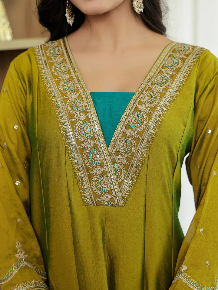Lime Green Vichitra Kalidaar Kurta Trouser Dupatta Set