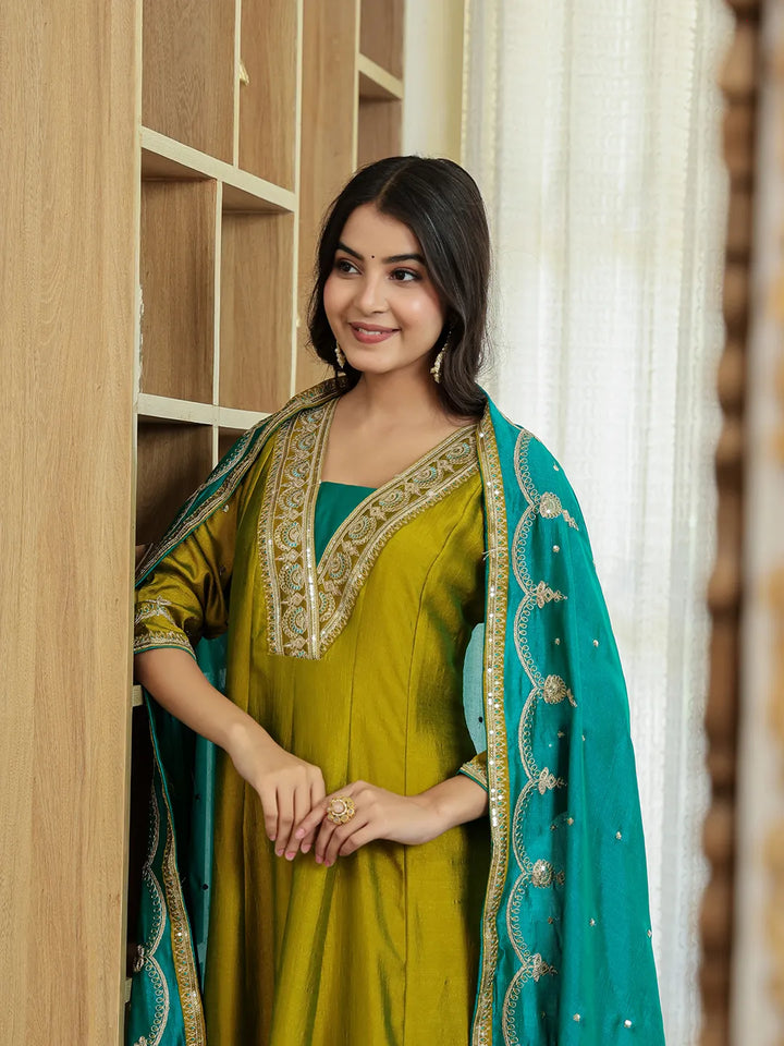 Lime Green Vichitra Kalidaar Kurta Trouser Dupatta Set