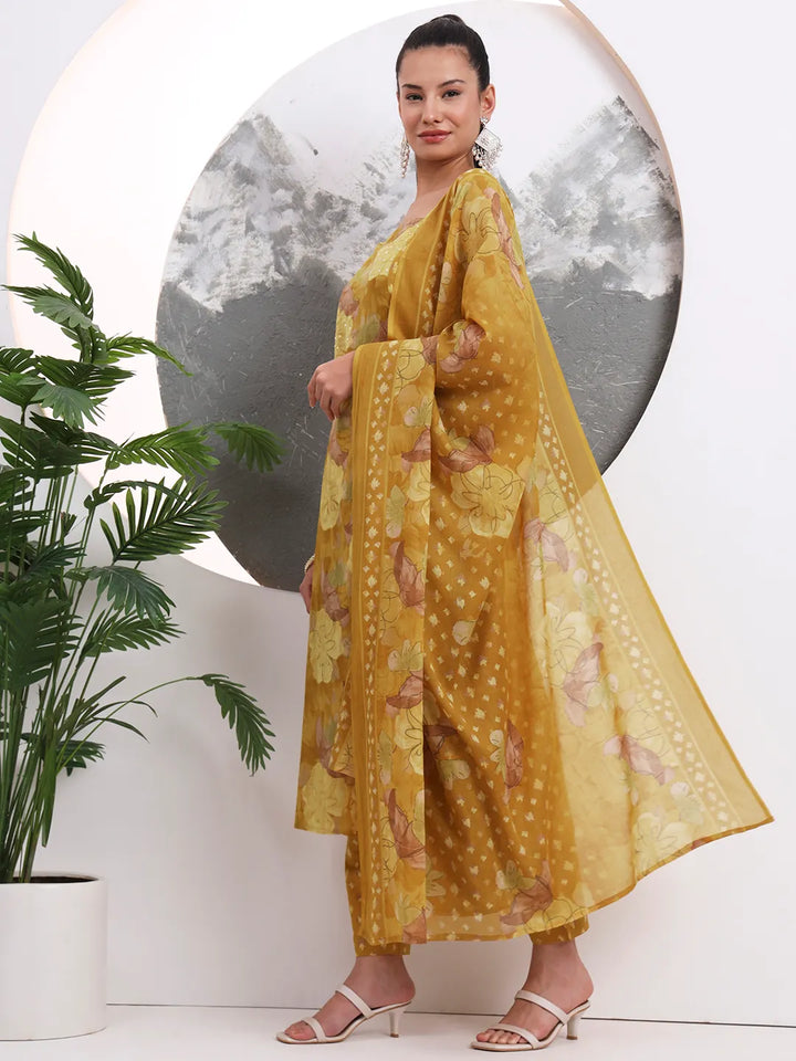 Mustard Floral Print Sequins Work Cotton Kurta Trouser With Dupatta Set