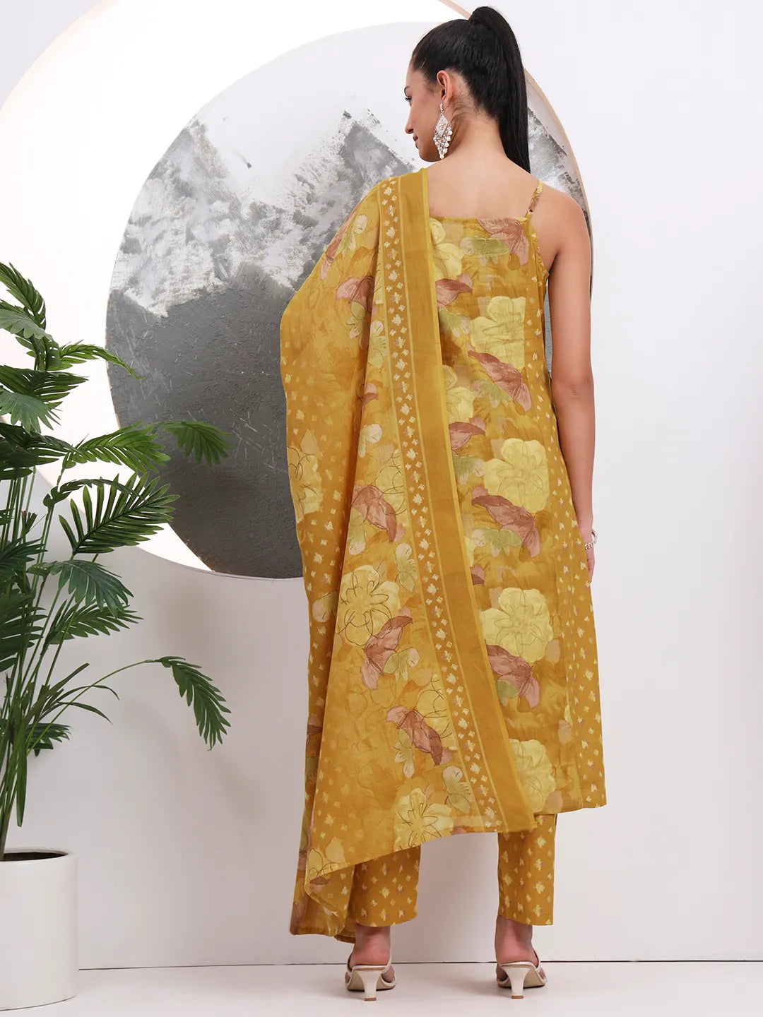 Mustard Floral Print Sequins Work Cotton Kurta Trouser With Dupatta Set