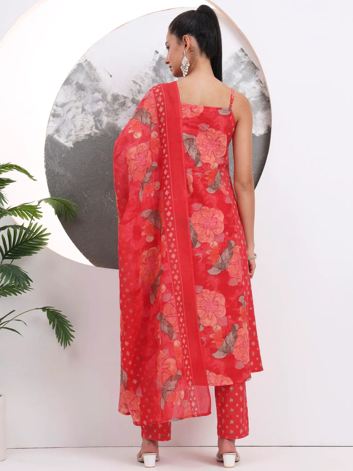 Red Floral Print Sequins Work Cotton Kurta Trouser With Dupatta Set