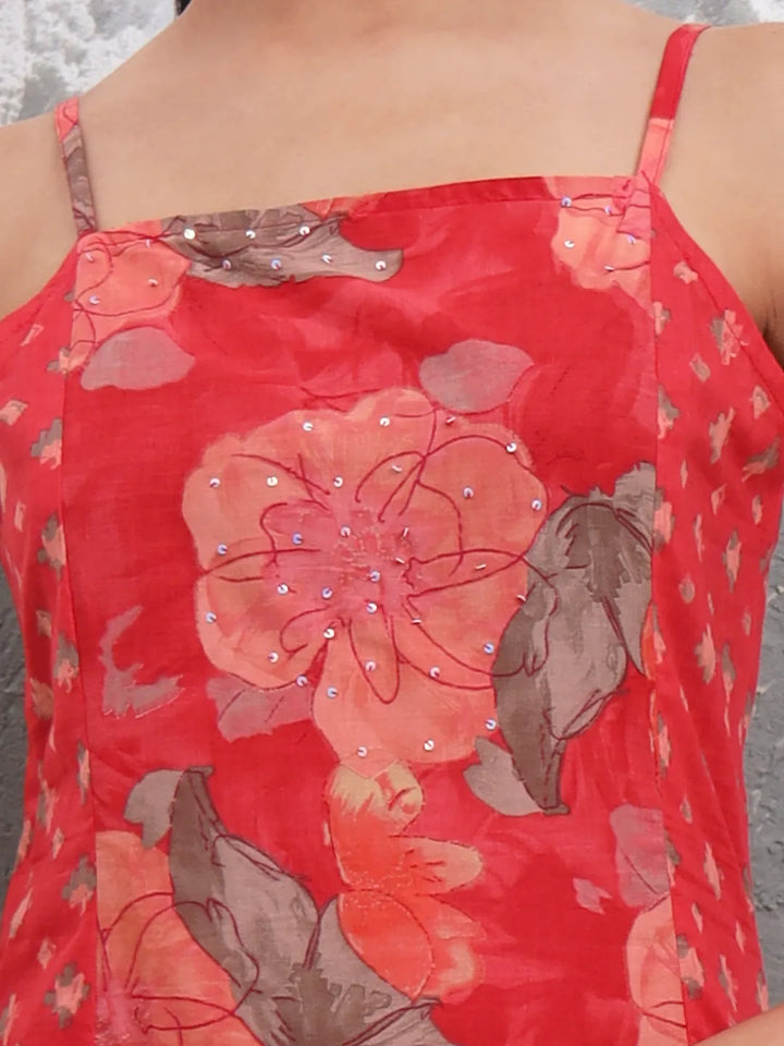 Red Floral Print Sequins Work Cotton Kurta Trouser With Dupatta Set