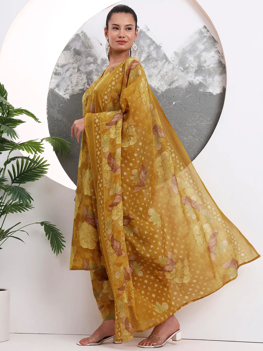 Mustard Floral Print Sequins Work Cotton Straight Kurta Trouser With Dupatta Set