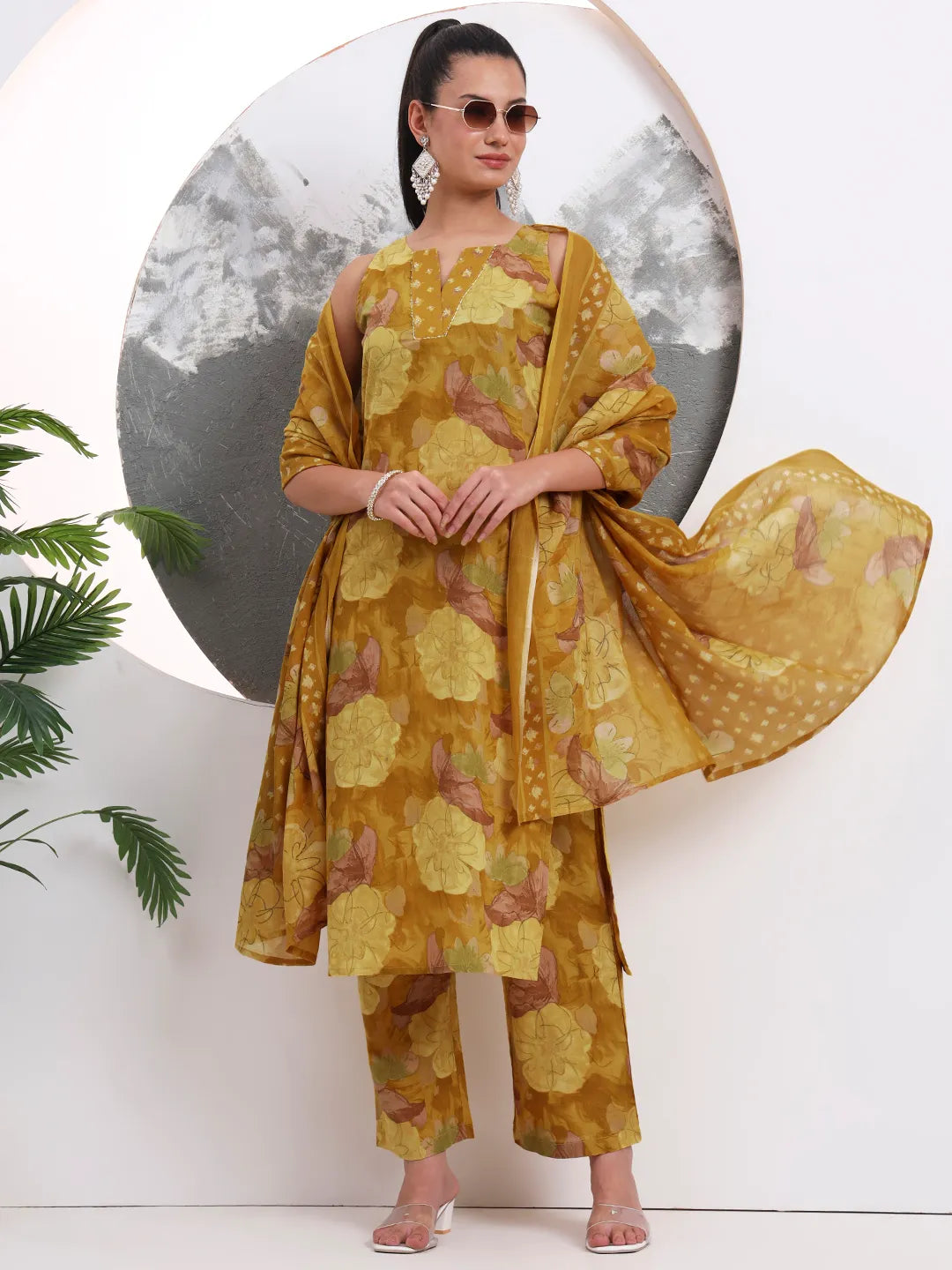 Mustard Floral Print Sequins Work Cotton Straight Kurta Trouser With Dupatta Set