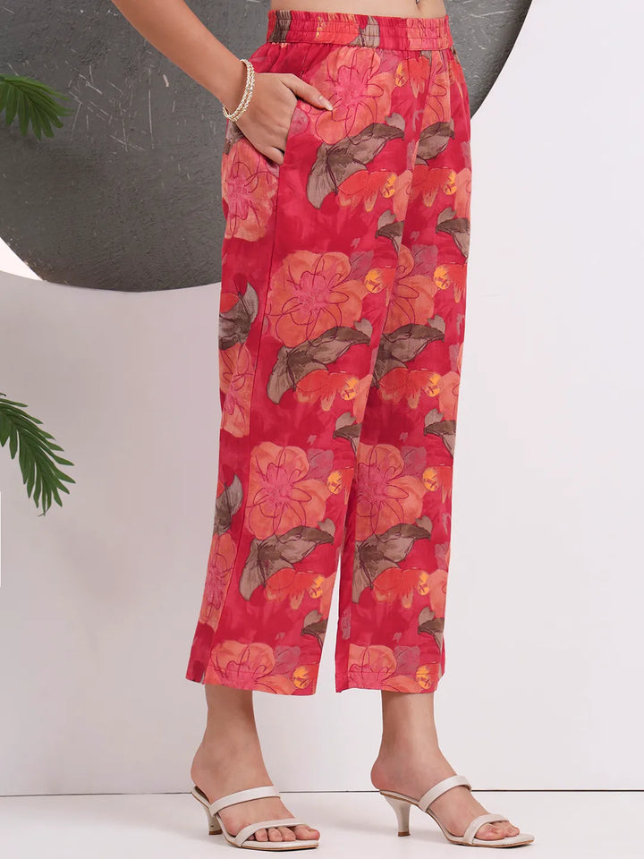 Red Floral Print Sequins Work Cotton Straight Kurta Trouser With Dupatta Set