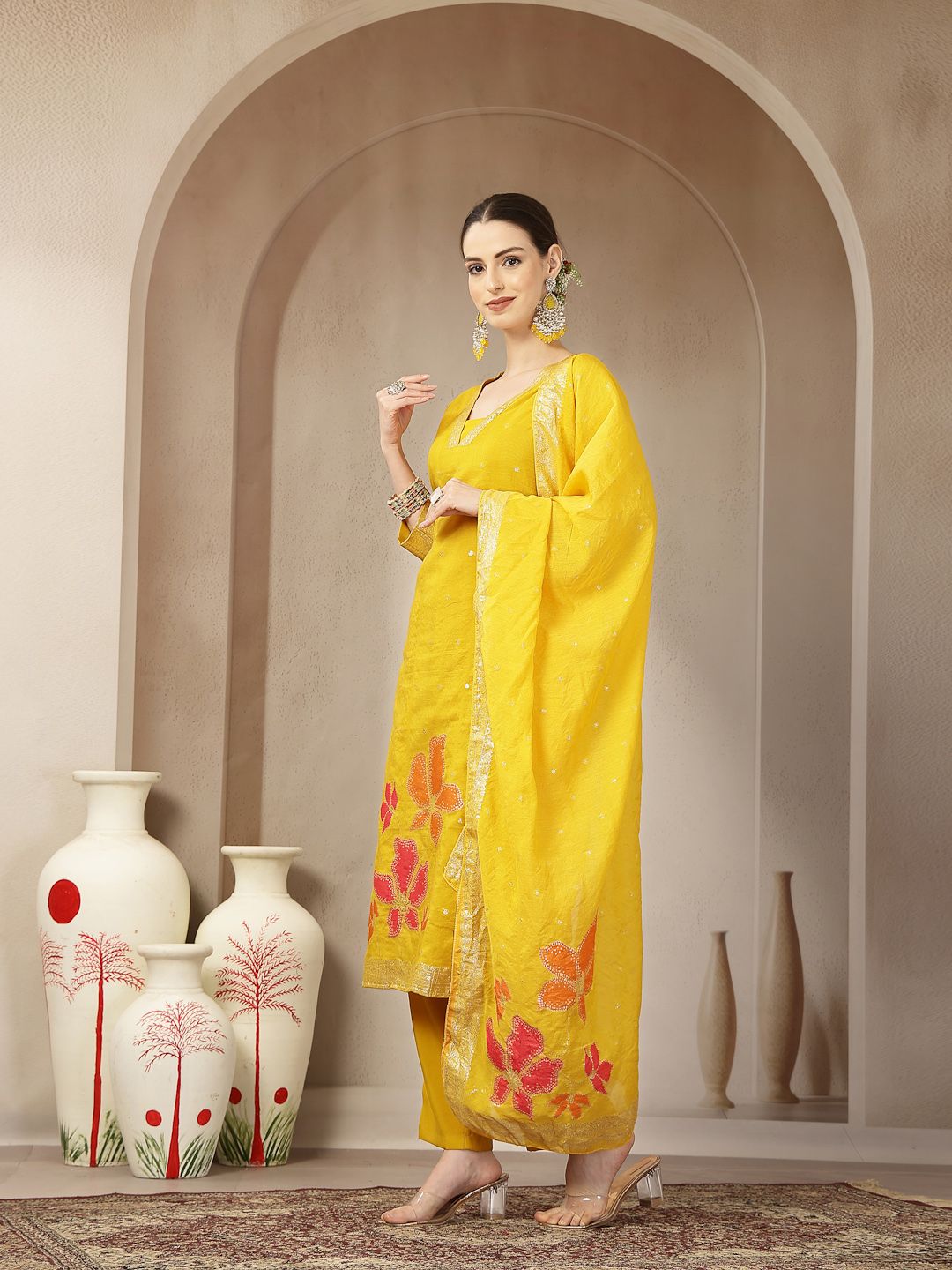 Mustard Chanderi Silk Straight Kurta Trouser Dupatta Set