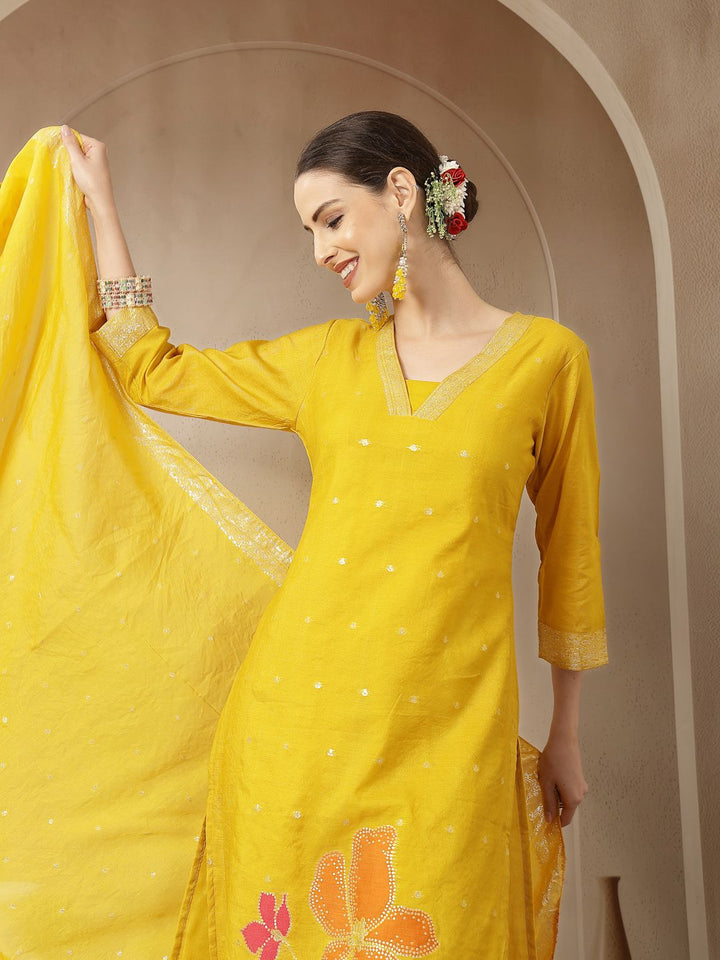 Mustard Chanderi Silk Straight Kurta Trouser Dupatta Set