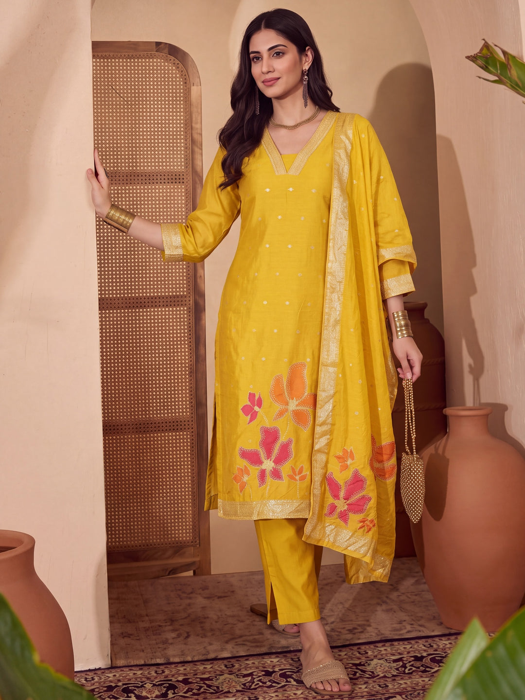 Mustard Chanderi Silk Straight Kurta Trouser Dupatta Set
