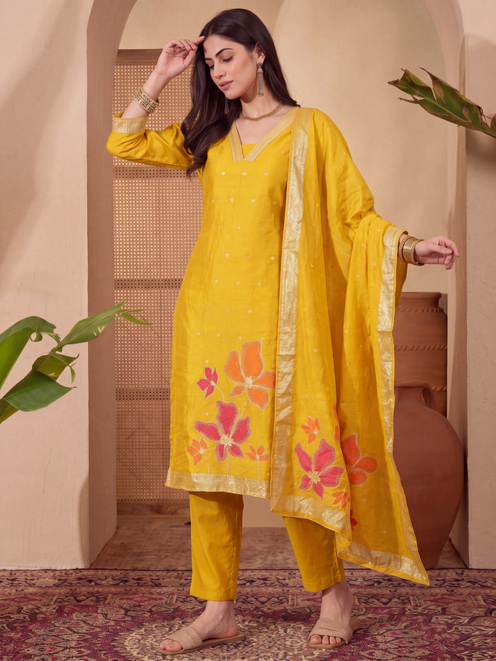Mustard Chanderi Silk Straight Kurta Trouser Dupatta Set