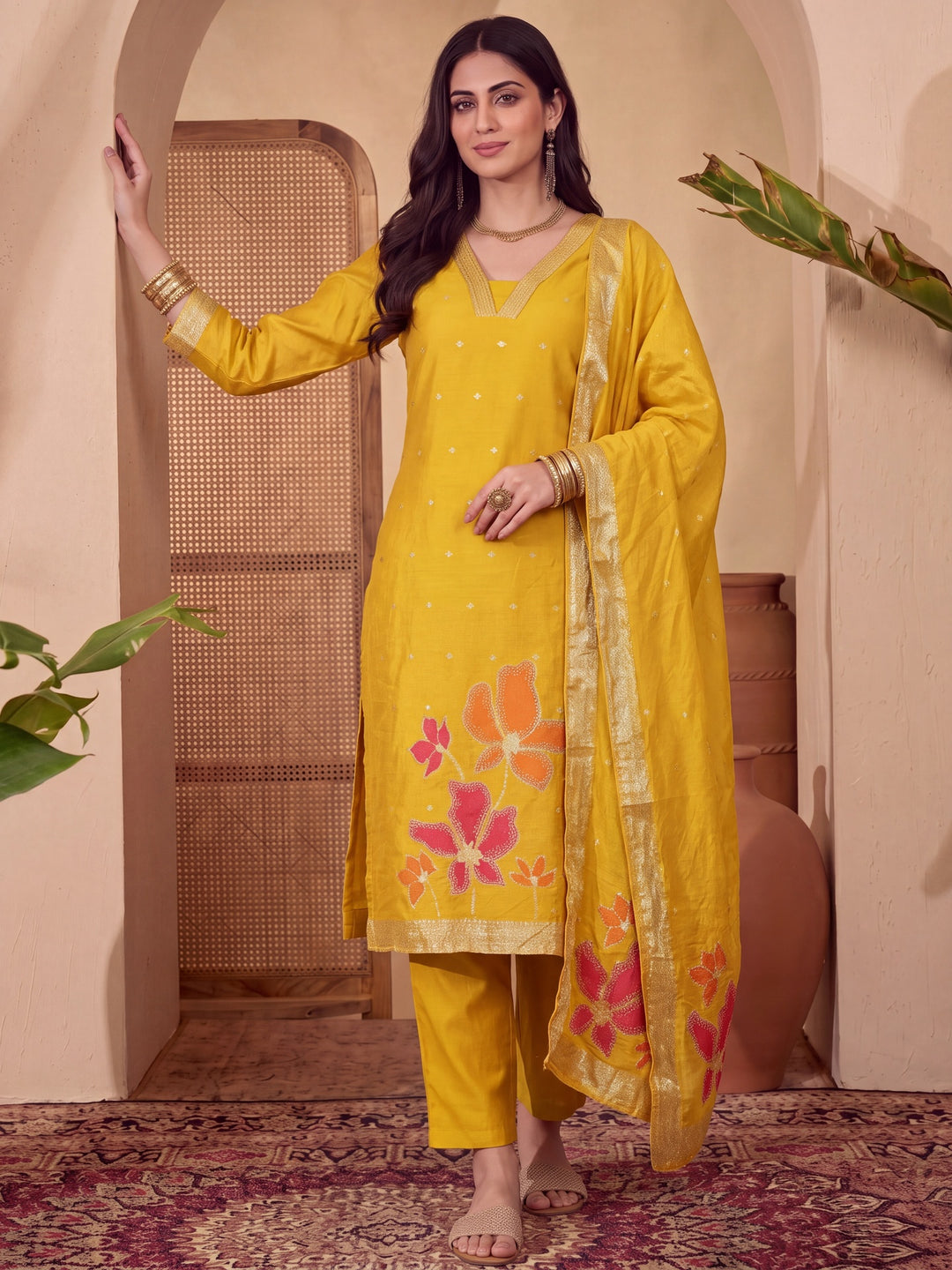 Mustard Chanderi Silk Straight Kurta Trouser Dupatta Set