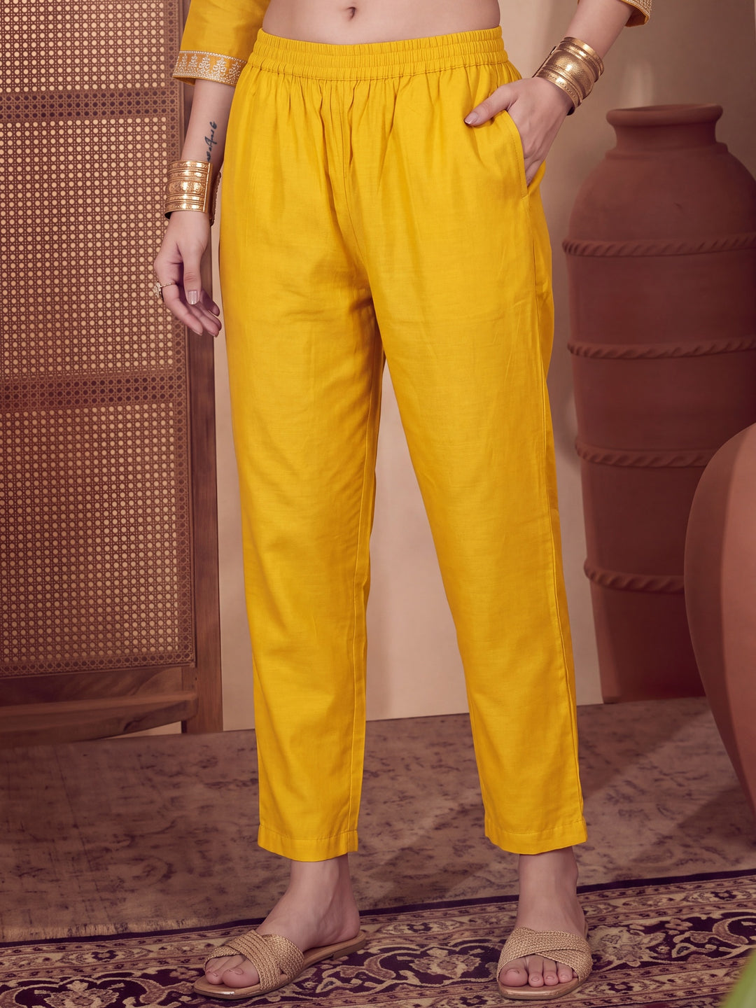 Mustard Chanderi Silk Straight Kurta Trouser Dupatta Set