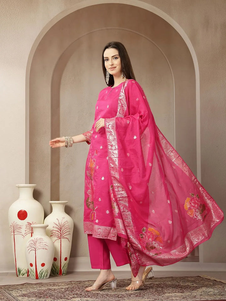 Pink Chanderi Silk Floral Golden Print Straight Kurta Trouser Dupatta Set