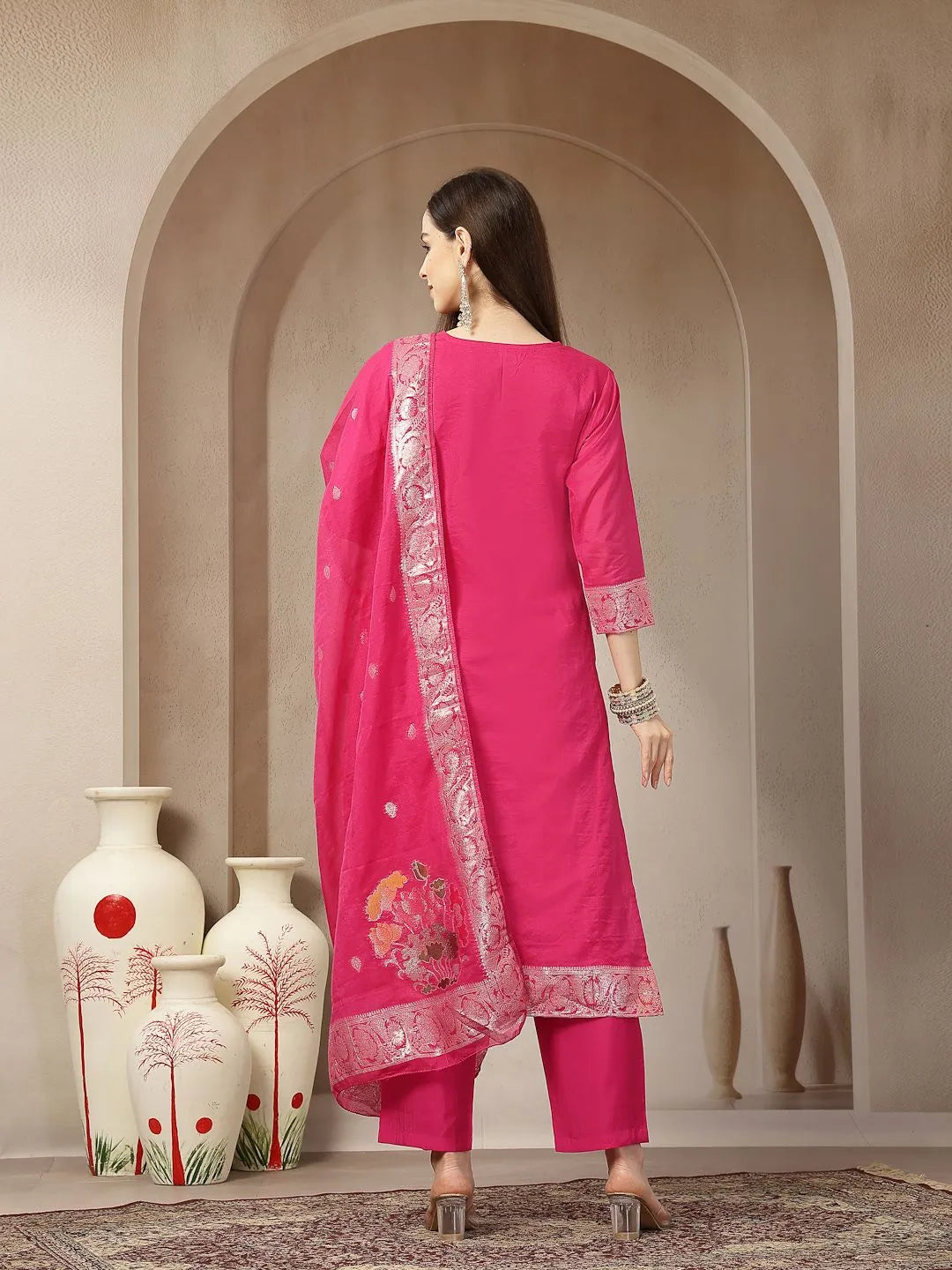 Pink Chanderi Silk Floral Golden Print Straight Kurta Trouser Dupatta Set