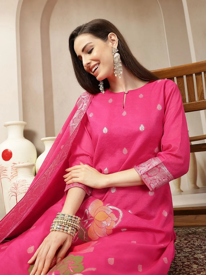 Pink Chanderi Silk Floral Golden Print Straight Kurta Trouser Dupatta Set