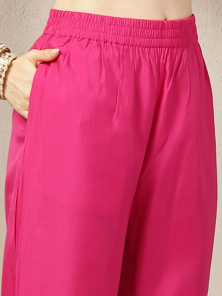 Pink Chanderi Silk Floral Golden Print Straight Kurta Trouser Dupatta Set