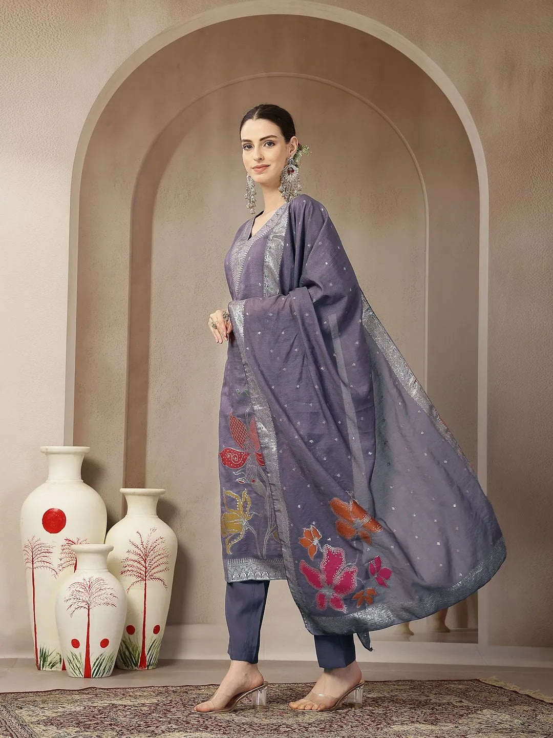 Purple Chanderi Silk Floral Golden Print Straight Kurta Trouser Dupatta Set