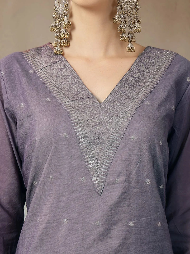 Purple Chanderi Silk Floral Golden Print Straight Kurta Trouser Dupatta Set