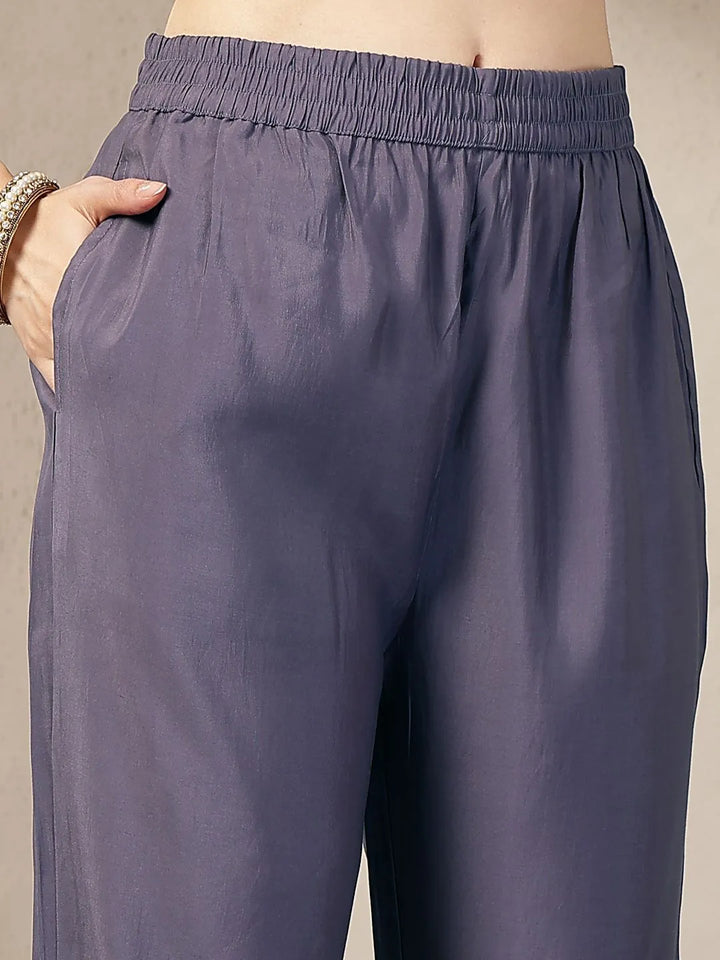 Purple Chanderi Silk Floral Golden Print Straight Kurta Trouser Dupatta Set